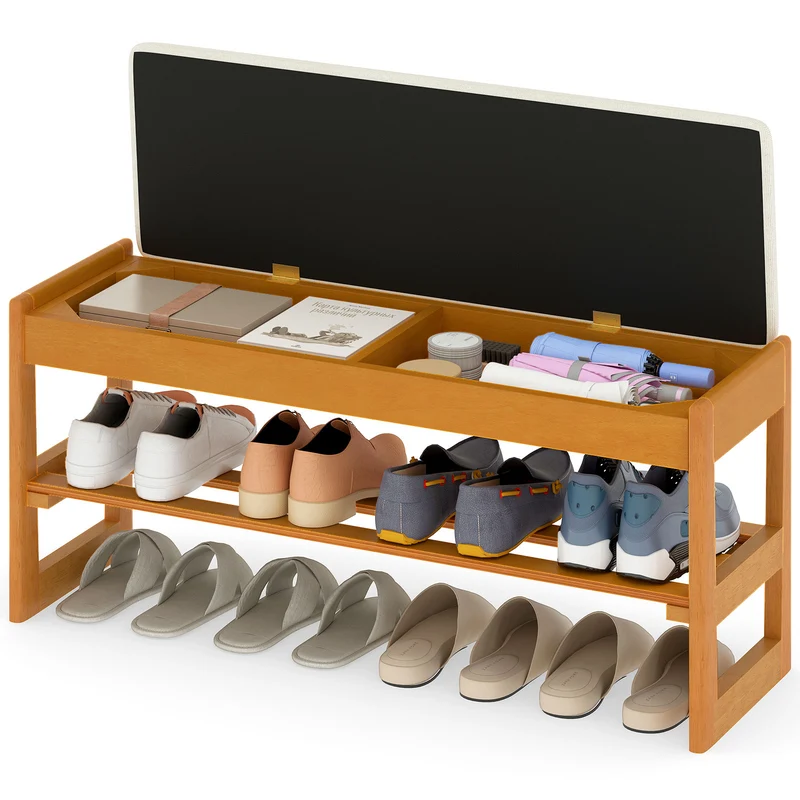 Shoe Rack Bench With Storage 2-Tier Rubberwood, Beige