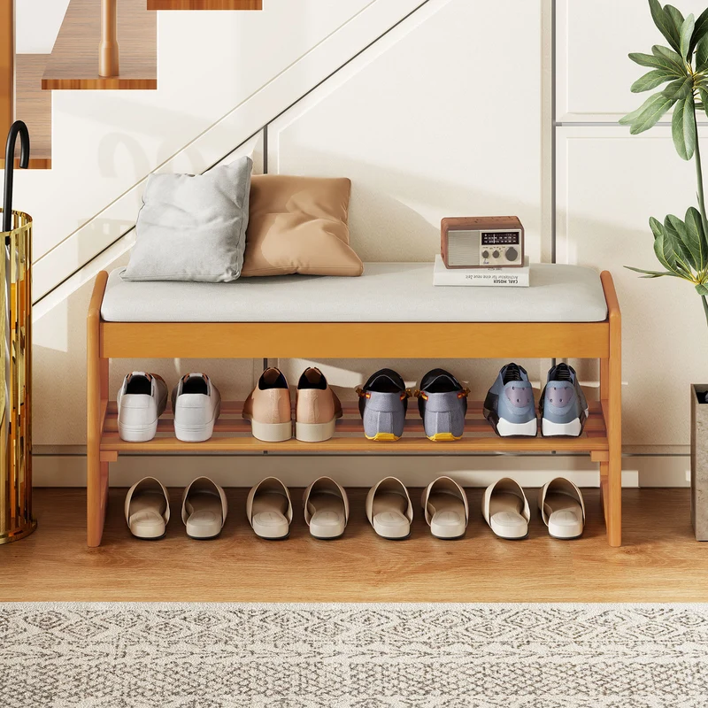 Shoe Rack Bench With Storage 2-Tier Rubberwood, Beige