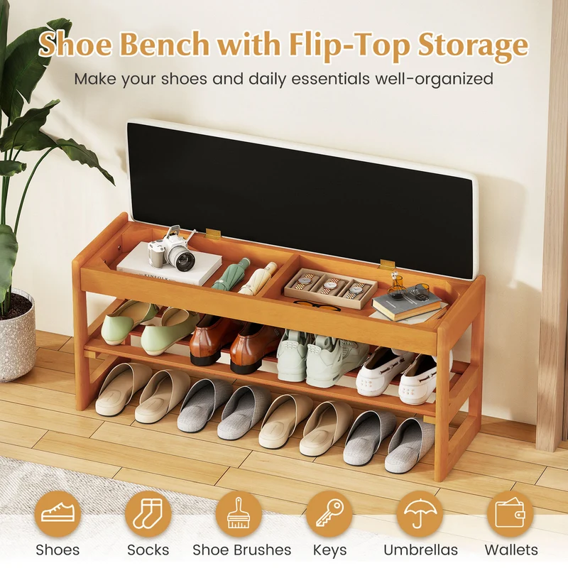 Shoe Rack Bench With Storage 2-Tier Rubberwood, Beige