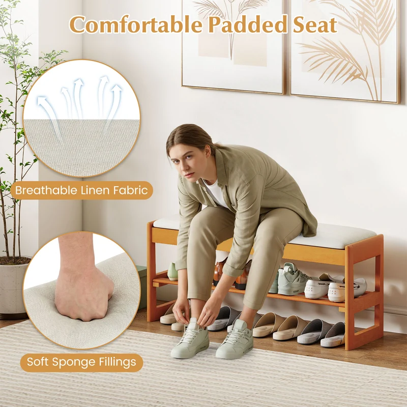 Shoe Rack Bench With Storage 2-Tier Rubberwood, Beige