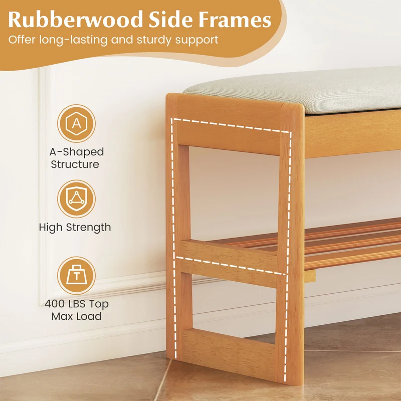 Shoe Rack Bench With Storage 2-Tier Rubberwood, Beige