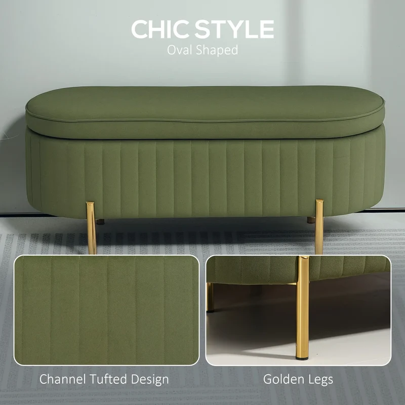 Upholstered Channel Tufted Ottoman Bench, Dark Green