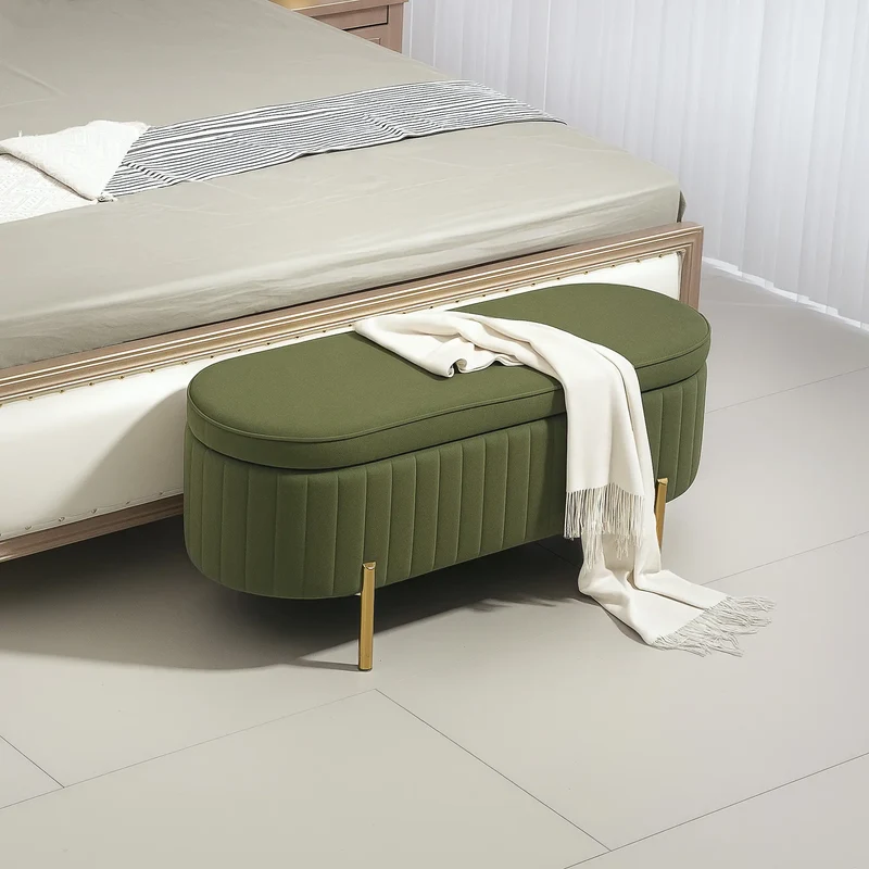 Upholstered Channel Tufted Ottoman Bench, Dark Green