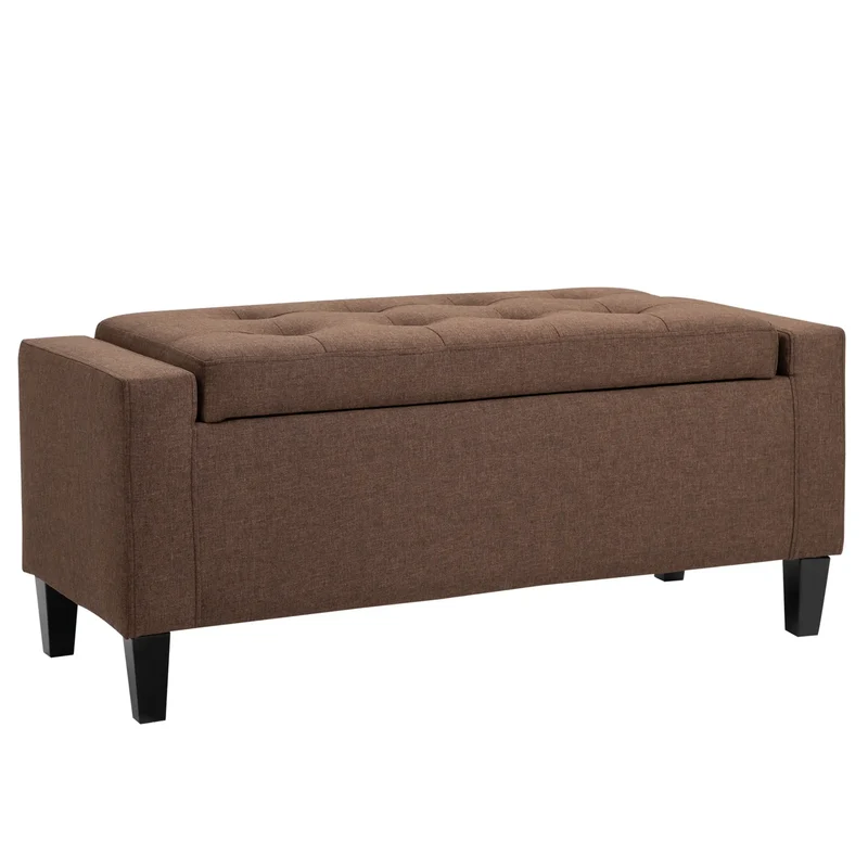 Storage Ottoman Bench, Linen Upholstered, Tufted, Brown