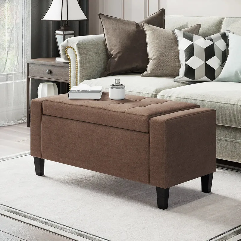 Storage Ottoman Bench, Linen Upholstered, Tufted, Brown