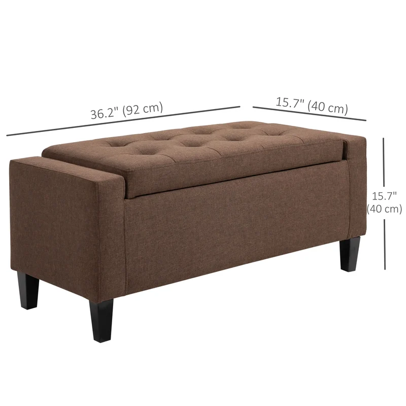 Storage Ottoman Bench, Linen Upholstered, Tufted, Brown