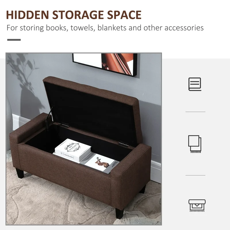 Storage Ottoman Bench, Linen Upholstered, Tufted, Brown