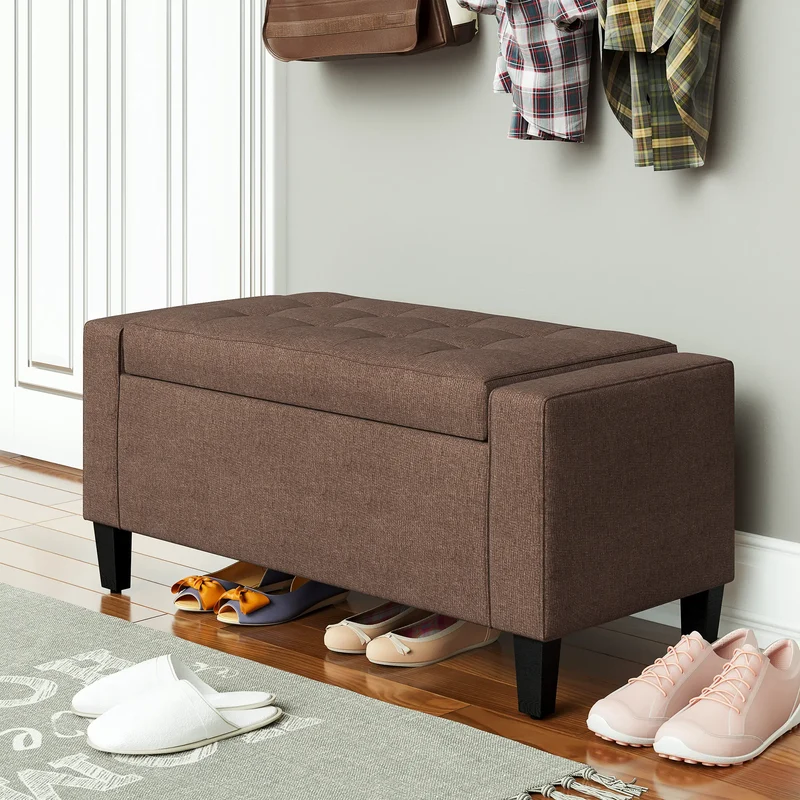 Storage Ottoman Bench, Linen Upholstered, Tufted, Brown