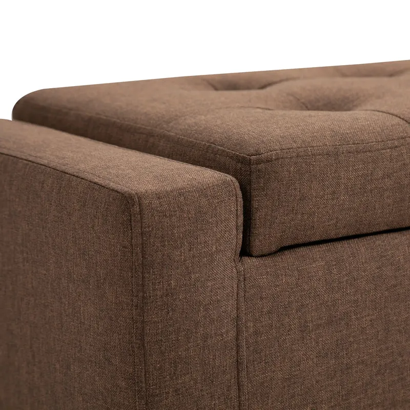 Storage Ottoman Bench, Linen Upholstered, Tufted, Brown