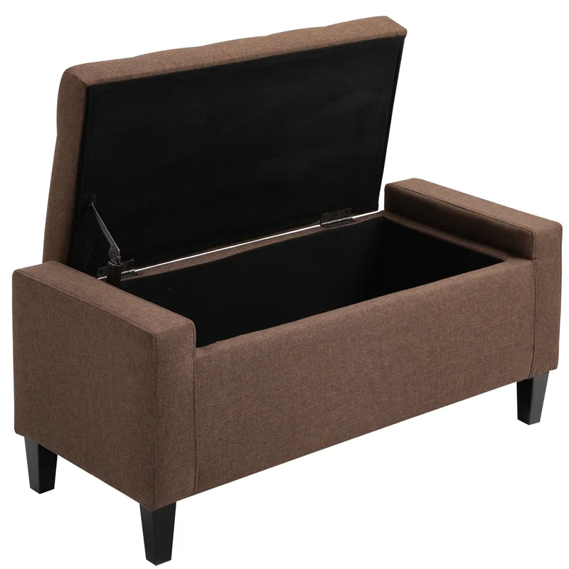 Storage Ottoman Bench, Linen Upholstered, Tufted, Brown