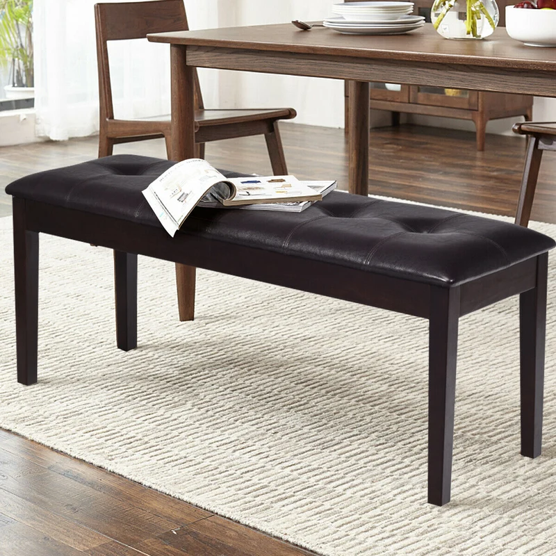 Upholstered Dining Room Bench, Solid Wood, Button Tufted, Brown