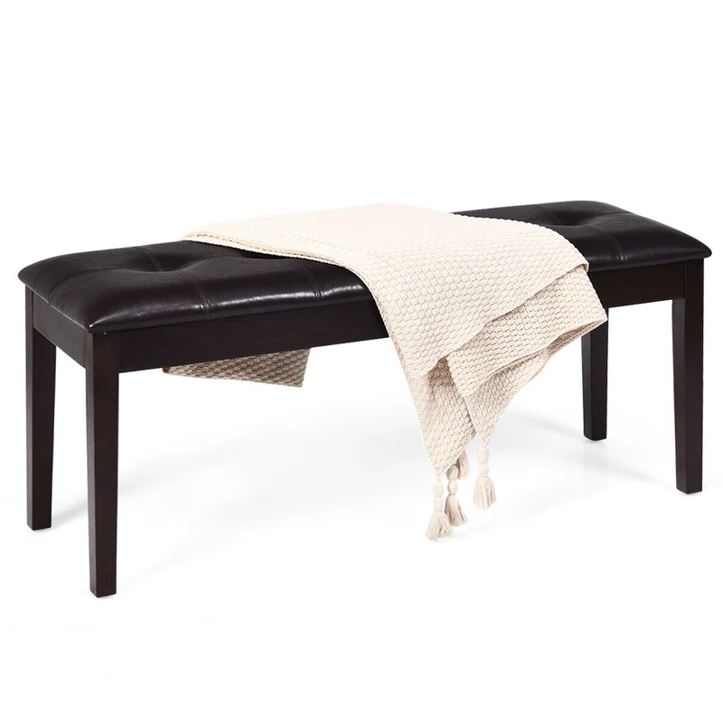 Upholstered Dining Room Bench, Solid Wood, Button Tufted, Brown