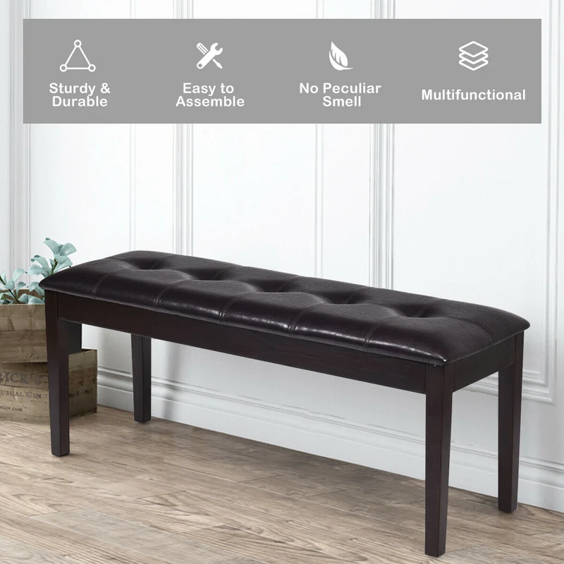 Upholstered Dining Room Bench, Solid Wood, Button Tufted, Brown