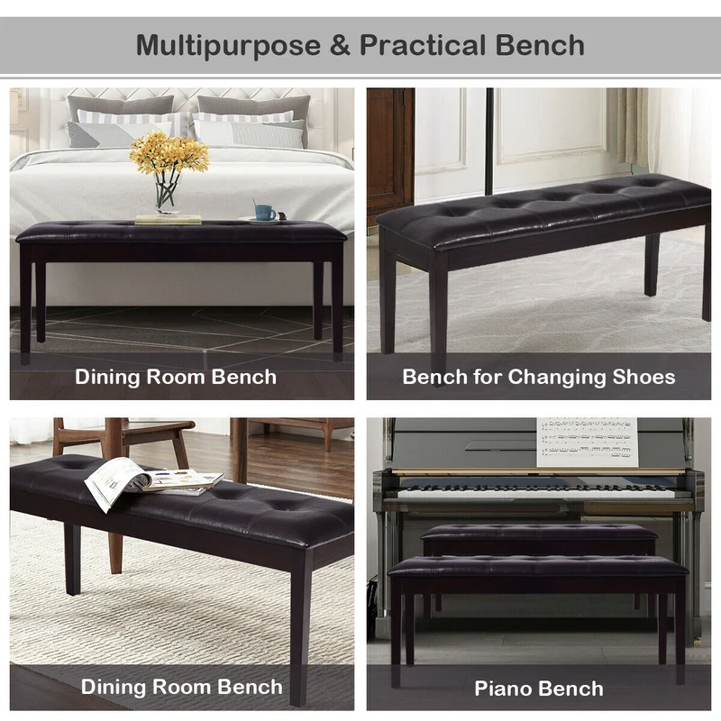 Upholstered Dining Room Bench, Solid Wood, Button Tufted, Brown