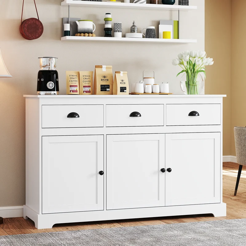 3 Drawer Sideboard Buffet With Adjustable Shelves, White