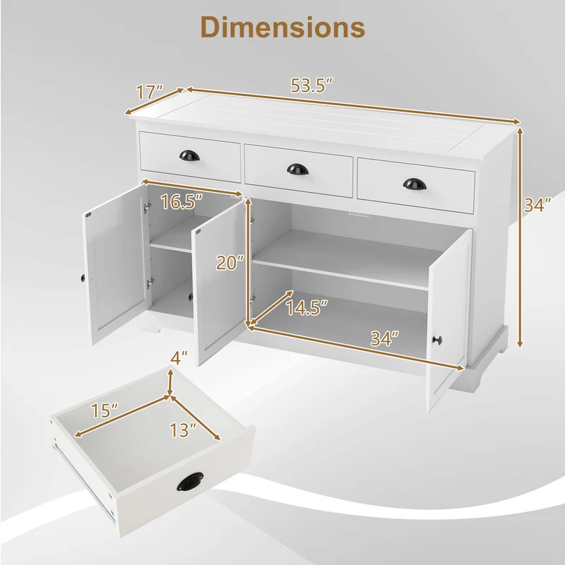 3 Drawer Sideboard Buffet With Adjustable Shelves, White