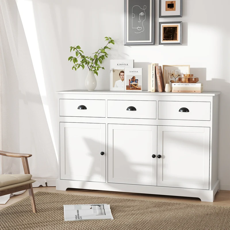 3 Drawer Sideboard Buffet With Adjustable Shelves, White