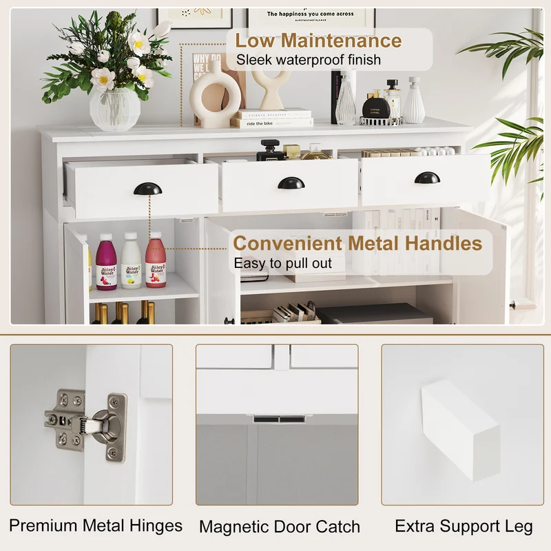 3 Drawer Sideboard Buffet With Adjustable Shelves, White