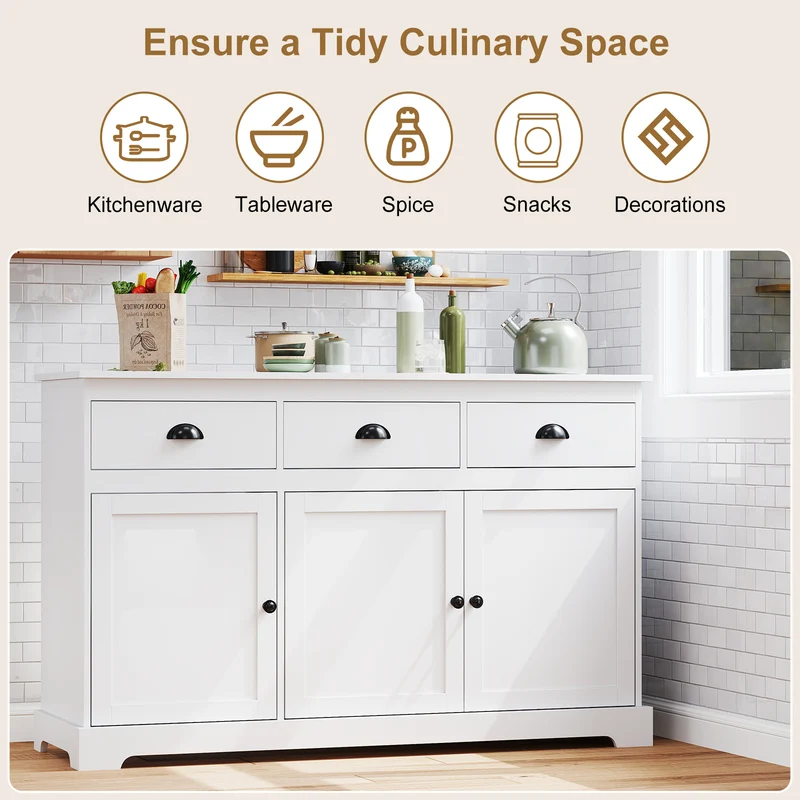 3 Drawer Sideboard Buffet With Adjustable Shelves, White