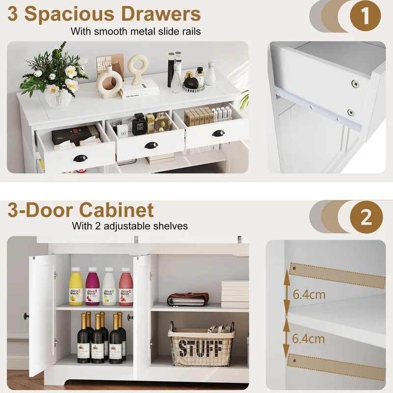 3 Drawer Sideboard Buffet With Adjustable Shelves, White