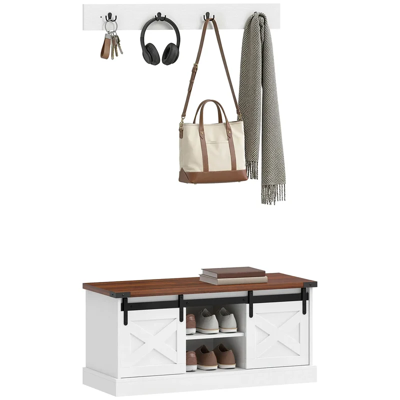 Coat Rack Shoe Bench Set, 2-Piece Hall Tree, White/Dk Walnut