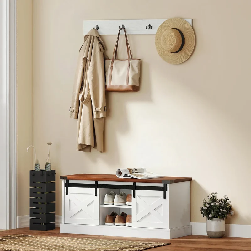 Coat Rack Shoe Bench Set, 2-Piece Hall Tree, White/Dk Walnut