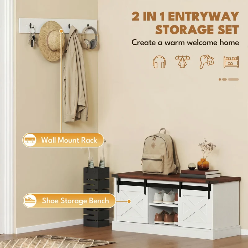 Coat Rack Shoe Bench Set, 2-Piece Hall Tree, White/Dk Walnut