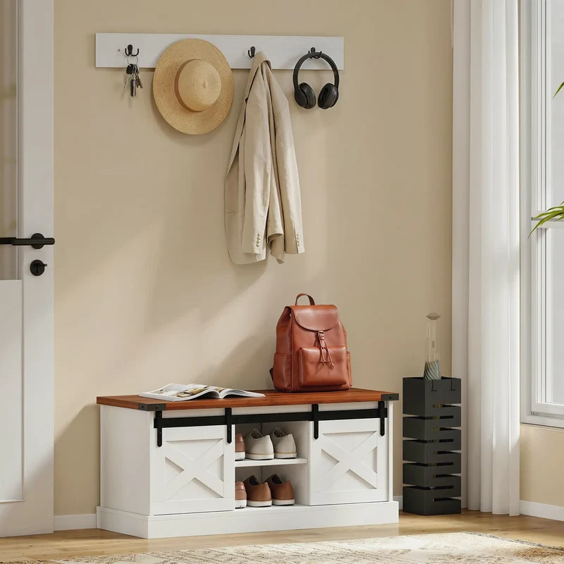 Coat Rack Shoe Bench Set, 2-Piece Hall Tree, White/Dk Walnut