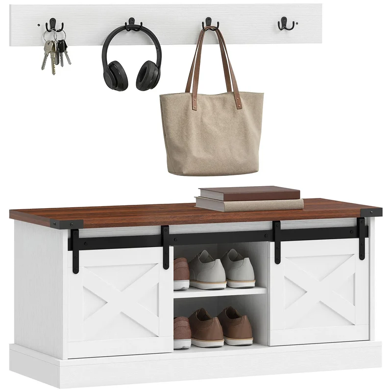 Coat Rack Shoe Bench Set, 2-Piece Hall Tree, White/Dk Walnut