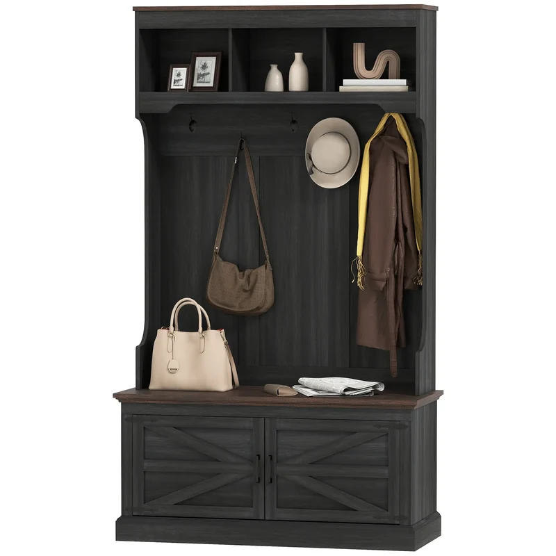 3-in-1 Hall Tree with Bench, Coat Rack, Shoe Storage, Distressed, Black