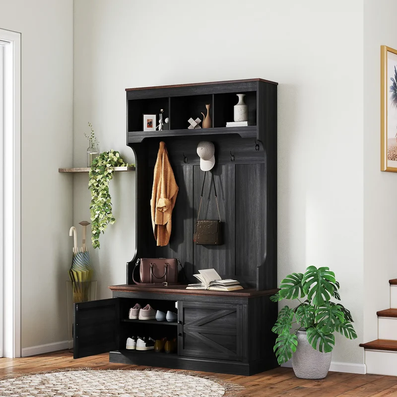 3-in-1 Hall Tree with Bench, Coat Rack, Shoe Storage, Distressed, Black