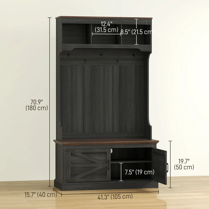 3-in-1 Hall Tree with Bench, Coat Rack, Shoe Storage, Distressed, Black