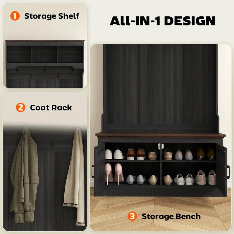 3-in-1 Hall Tree with Bench, Coat Rack, Shoe Storage, Distressed, Black