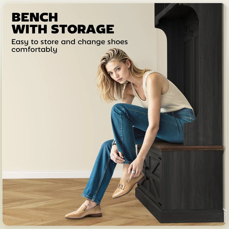 3-in-1 Hall Tree with Bench, Coat Rack, Shoe Storage, Distressed, Black