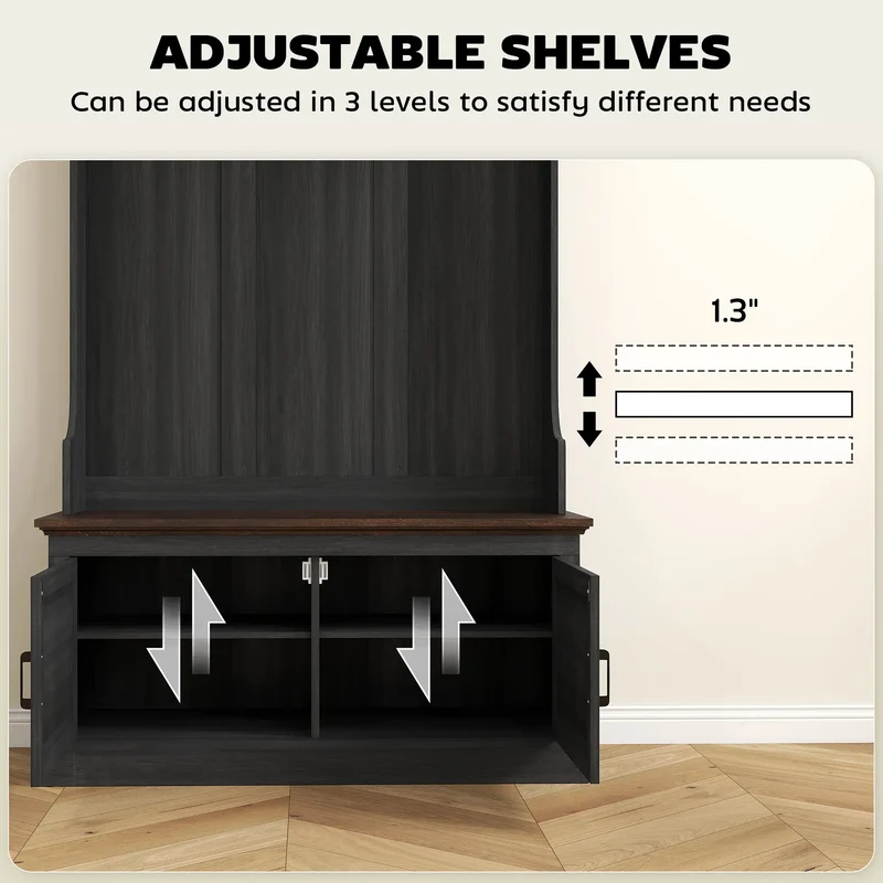 3-in-1 Hall Tree with Bench, Coat Rack, Shoe Storage, Distressed, Black