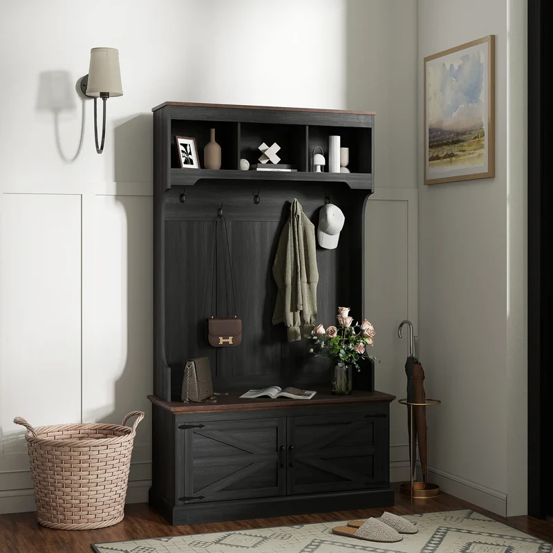 3-in-1 Hall Tree with Bench, Coat Rack, Shoe Storage, Distressed, Black