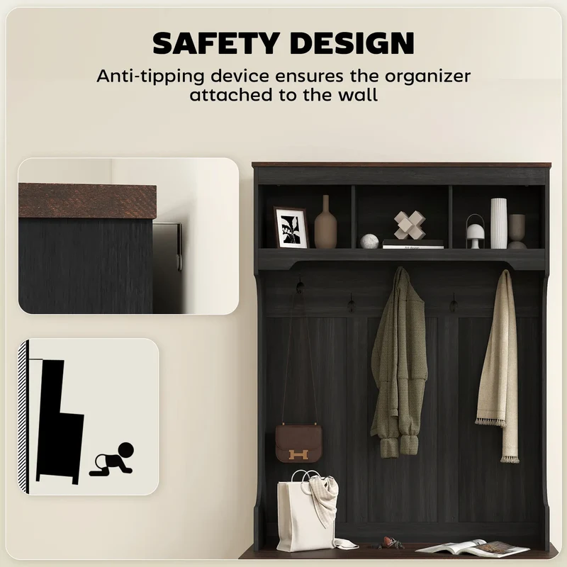 3-in-1 Hall Tree with Bench, Coat Rack, Shoe Storage, Distressed, Black