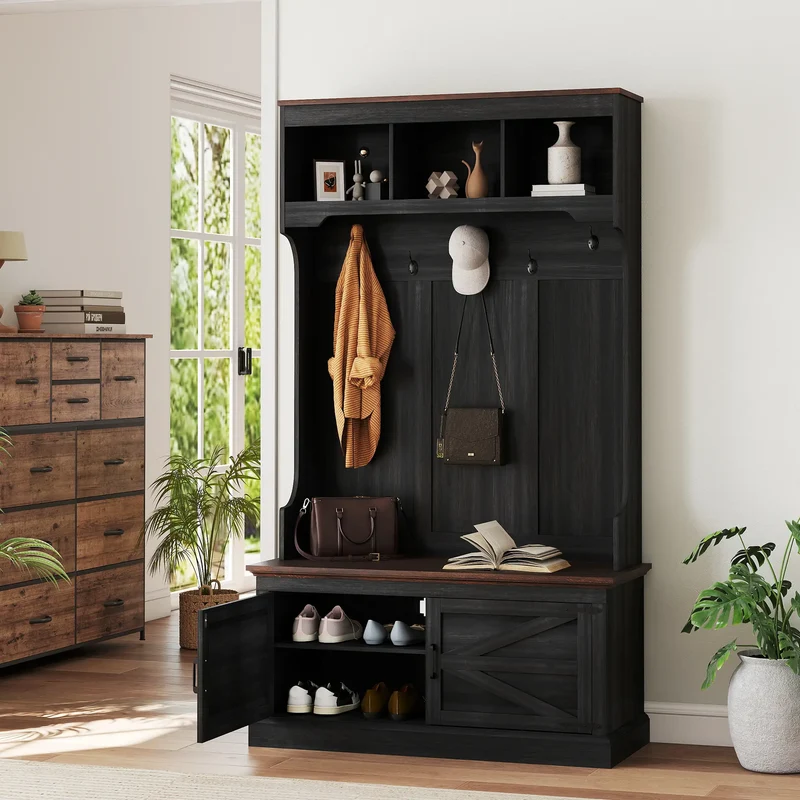 3-in-1 Hall Tree with Bench, Coat Rack, Shoe Storage, Distressed, Black
