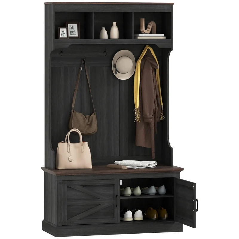 3-in-1 Hall Tree with Bench, Coat Rack, Shoe Storage, Distressed, Black
