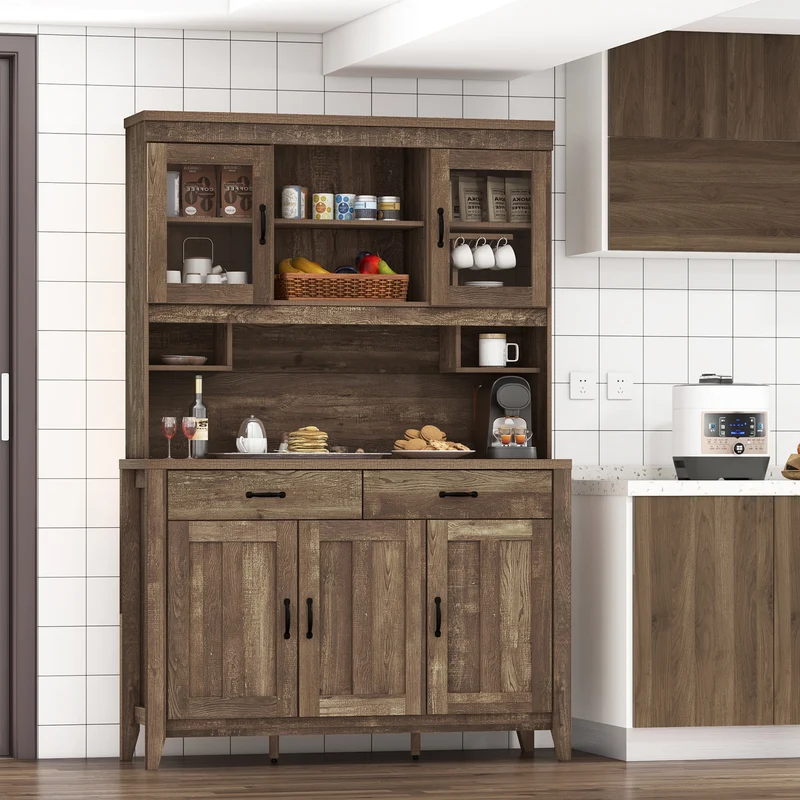 Freestanding Kitchen Hutch Cabinet, Microwave Countertop, Brown