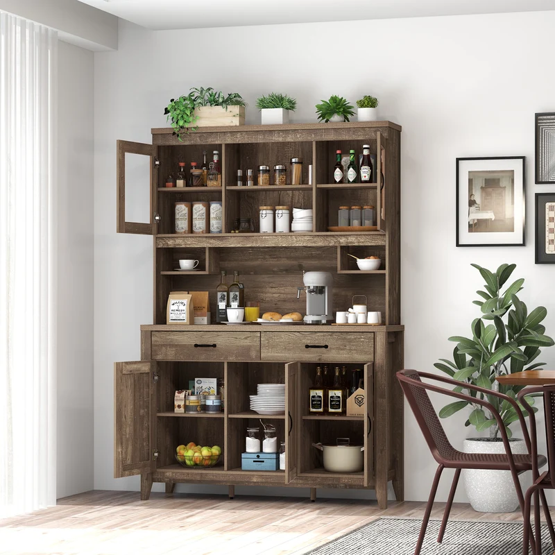 Freestanding Kitchen Hutch Cabinet, Microwave Countertop, Brown