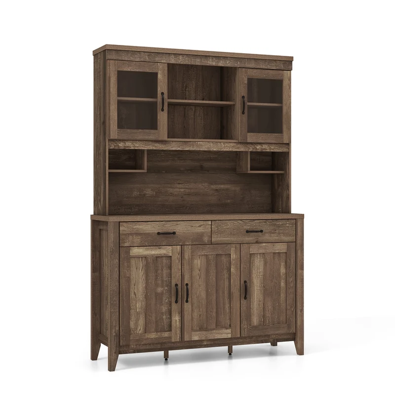 Freestanding Kitchen Hutch Cabinet, Microwave Countertop, Brown