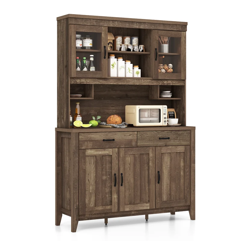 Freestanding Kitchen Hutch Cabinet, Microwave Countertop, Brown