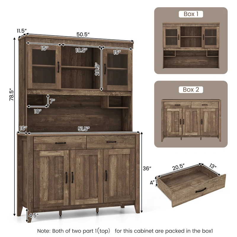 Freestanding Kitchen Hutch Cabinet, Microwave Countertop, Brown