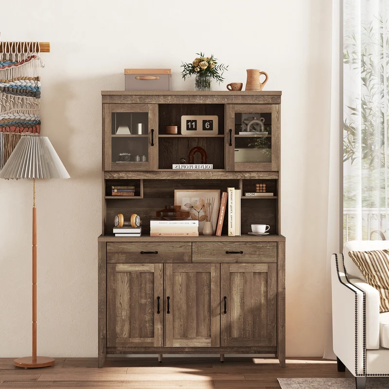 Freestanding Kitchen Hutch Cabinet, Microwave Countertop, Brown
