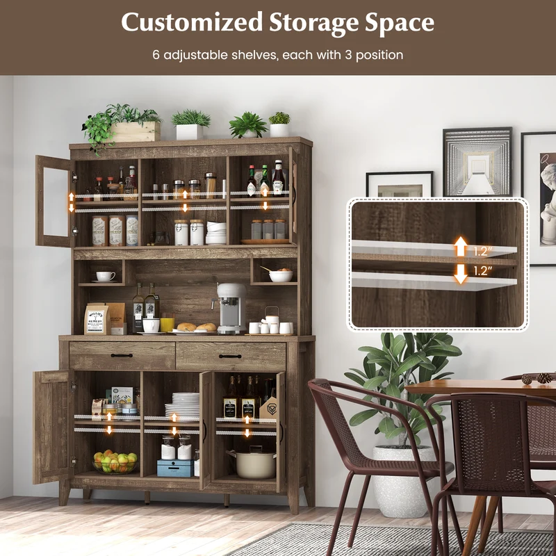 Freestanding Kitchen Hutch Cabinet, Microwave Countertop, Brown