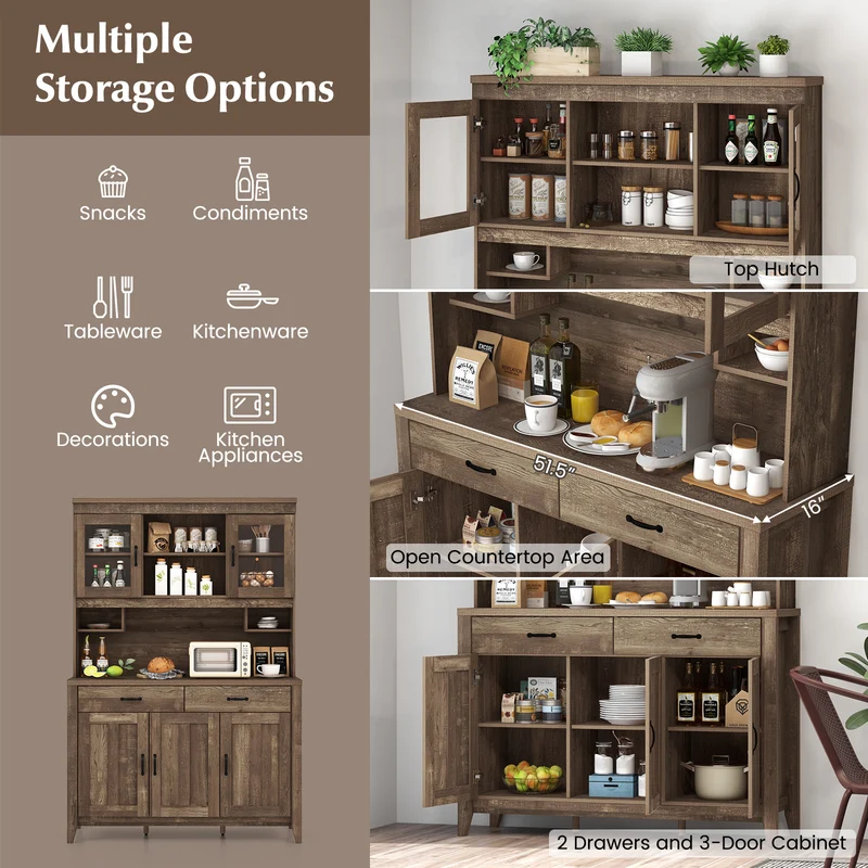 Freestanding Kitchen Hutch Cabinet, Microwave Countertop, Brown