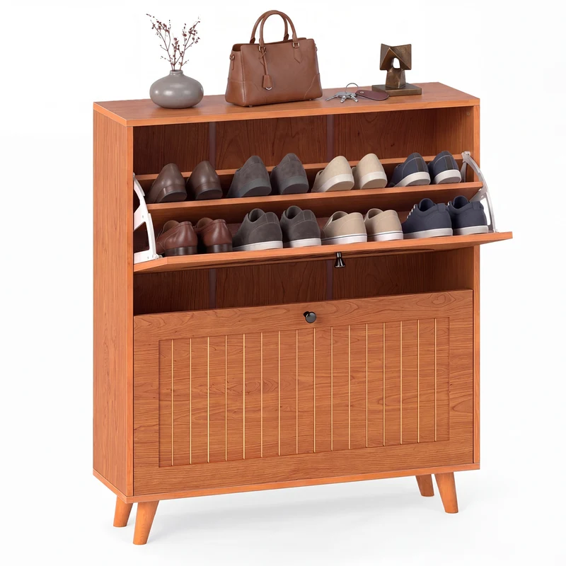 Narrow Shoe Cabinet with Adjustable Shelves, Oak
