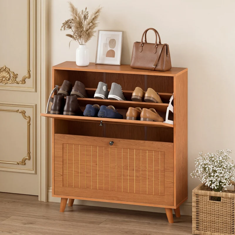 Narrow Shoe Cabinet with Adjustable Shelves, Oak