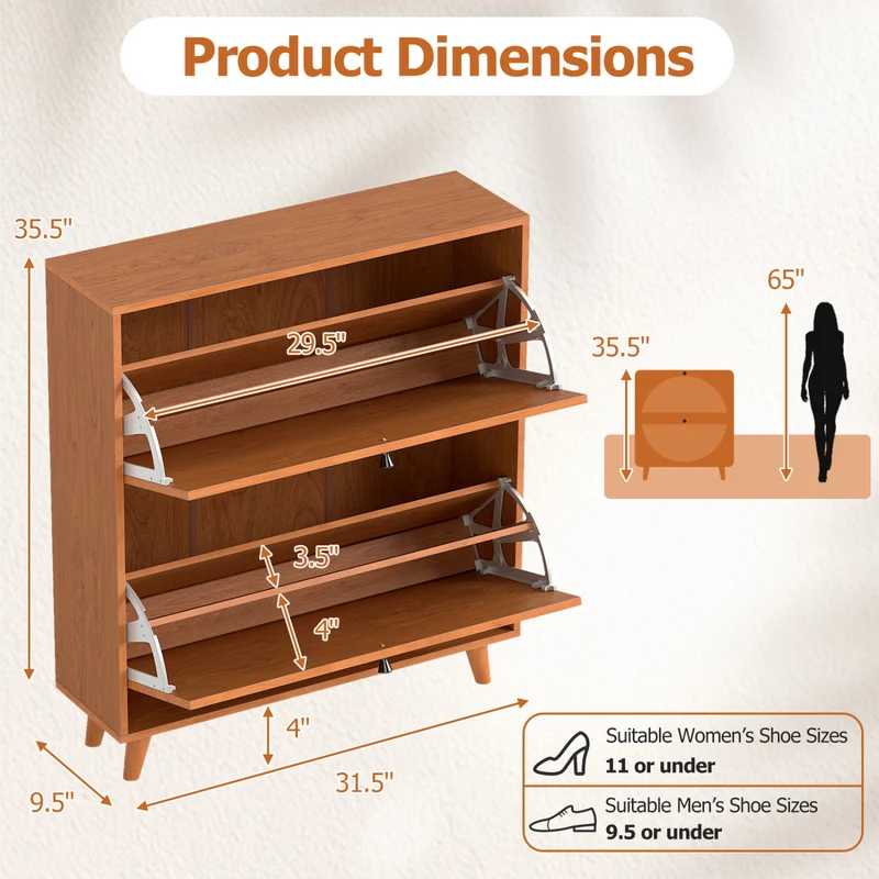 Narrow Shoe Cabinet with Adjustable Shelves, Oak